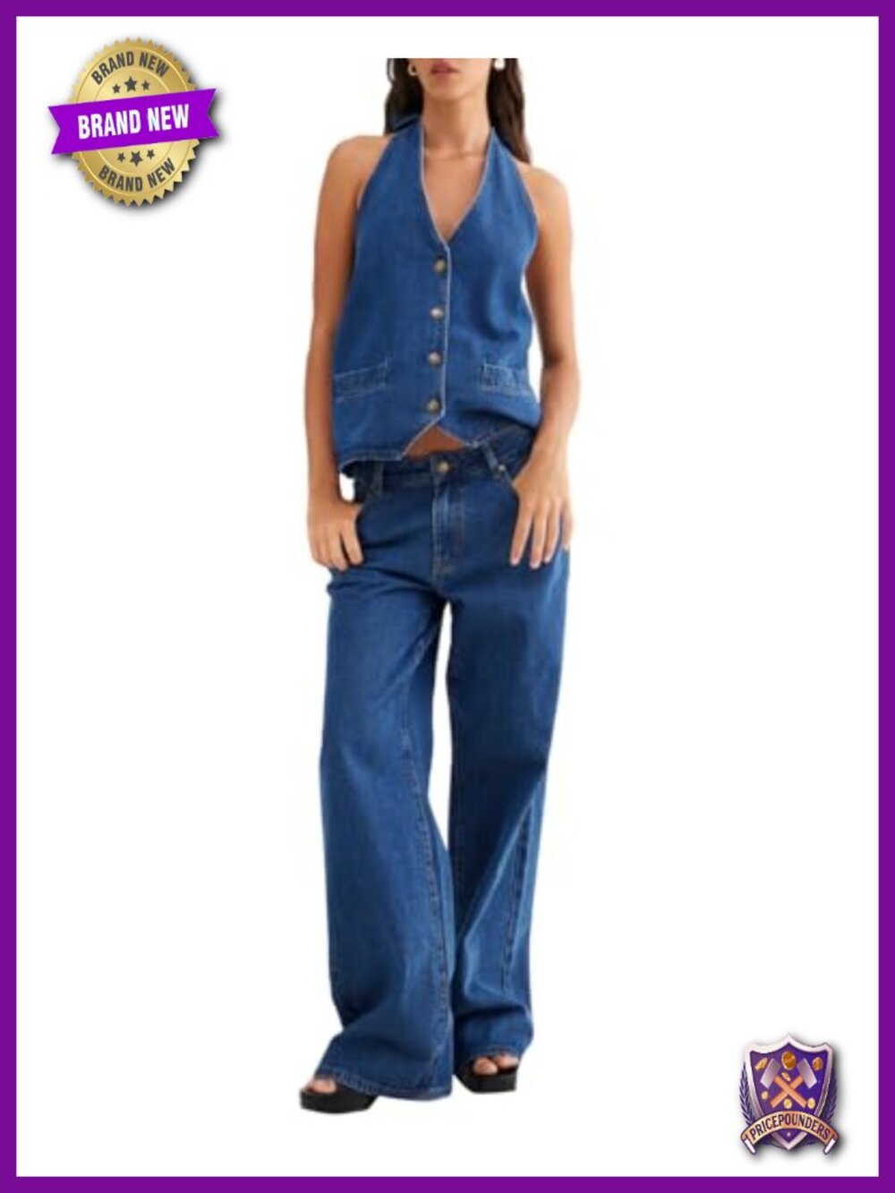 Women's Two Piece Denim Set Button Down Tank Top & Wide Leg Jeans Outfit
